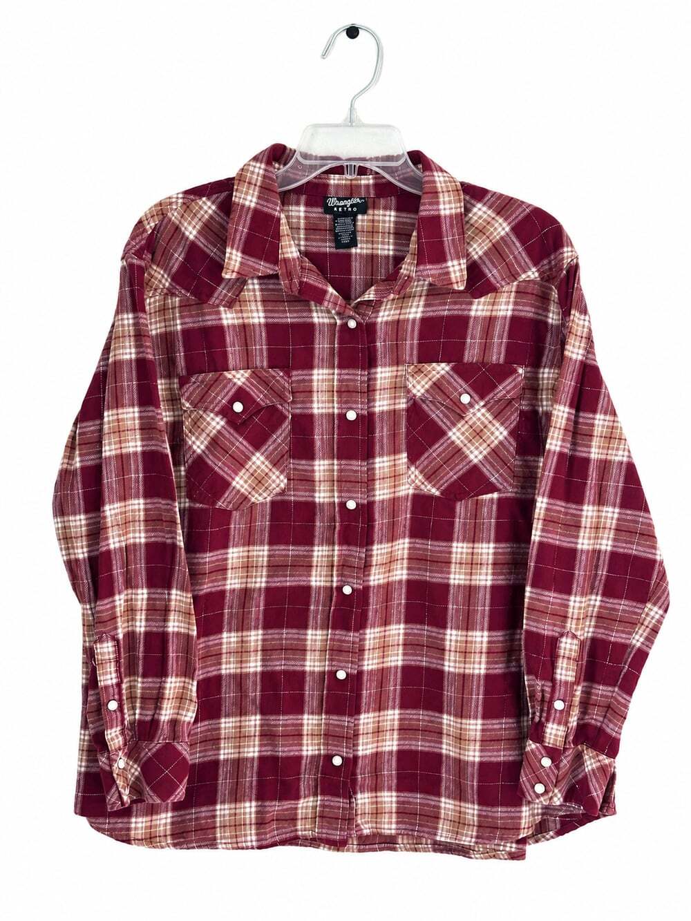Wrangler Retro Women’s XL Burgundy Plaid Pearl Snap Western Shirt Lurex